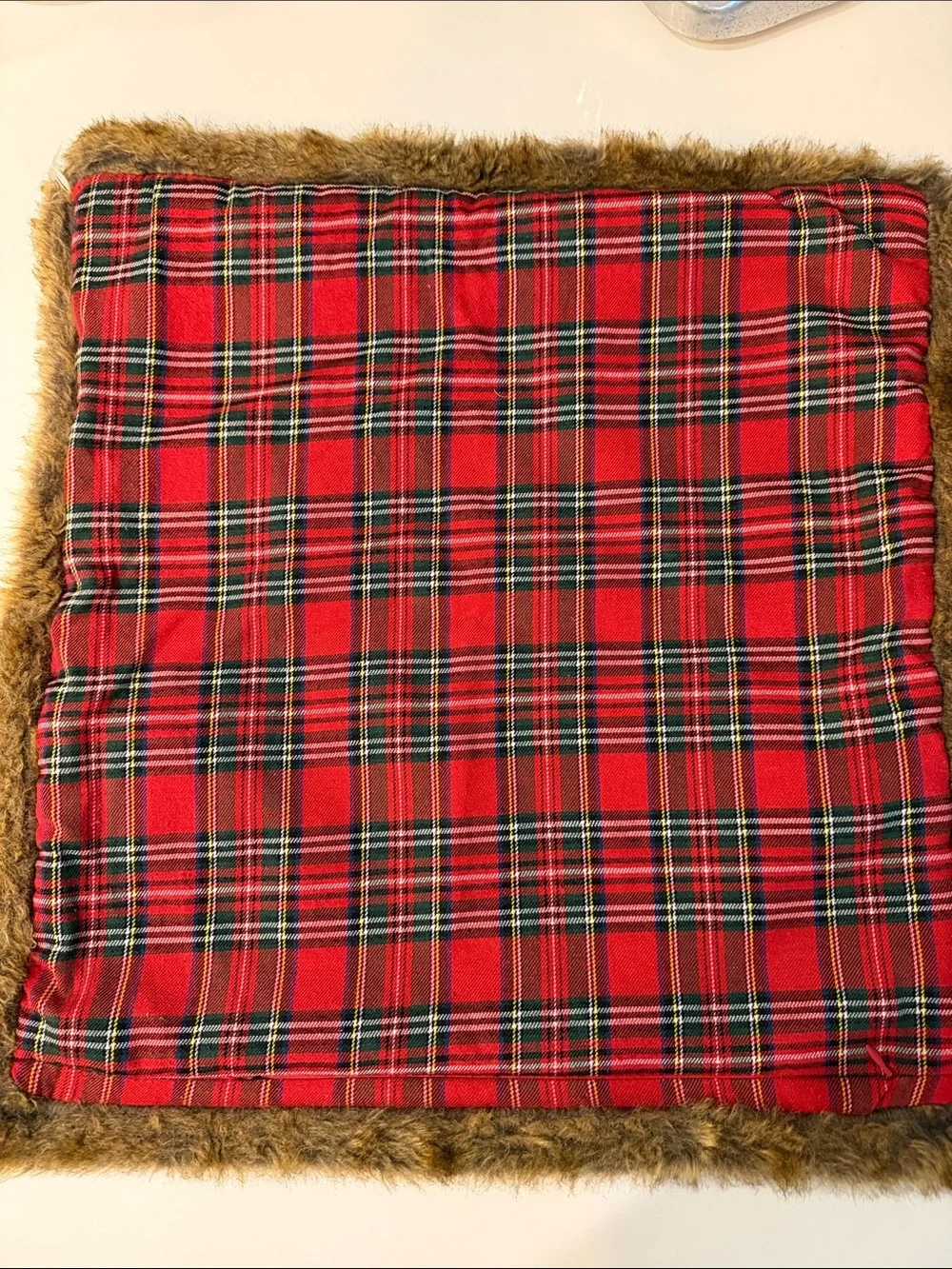 Pottery Barn Red Plaid Faux Fur Trim Accent Pillow Cover